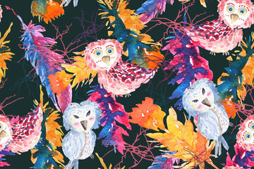 Bird and feathers pattern background with watercolor.Animal pattern inspired by nature for the design of the wallpaper or fabric, vintage style.Natural background.Abstract fantasy seamless pattern.