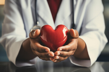 Cardiologist doctor holding a red heart in his hands , cardiac disease or heart failure concept image