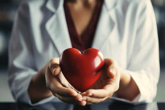 Cardiologist doctor holding a red heart in his hands , cardiac disease or heart failure concept image
