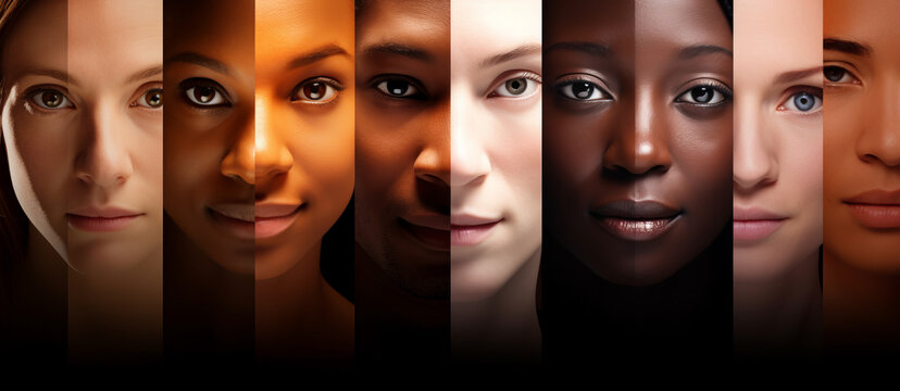Banner collage of diverse faces representing the different ethnic communities , diversity background concept