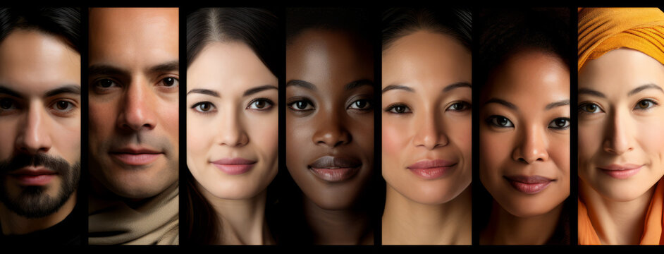Banner collage of diverse faces representing the different ethnic communities , diversity background concept