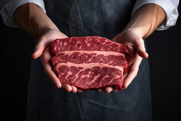 Butcher hands holding a big red and fat raw wagyu beef steak