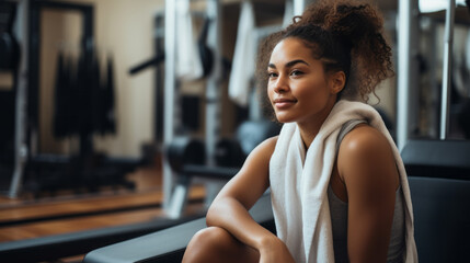 Black female athlete with a towel over her shoulder resting while sitting on a workout bench at the gym