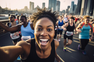 Black female marathon runner is taking a selfie picture while running , crowd of other runners and...