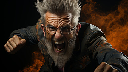 Close-up of an extremely angry adult mature man screaming with flames in background