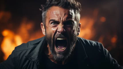 Fotobehang Close-up of an extremely angry adult mature man screaming with flames in background © Keitma