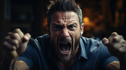Close-up of an extremely angry adult mature man screaming with flames in background - obrazy, fototapety, plakaty