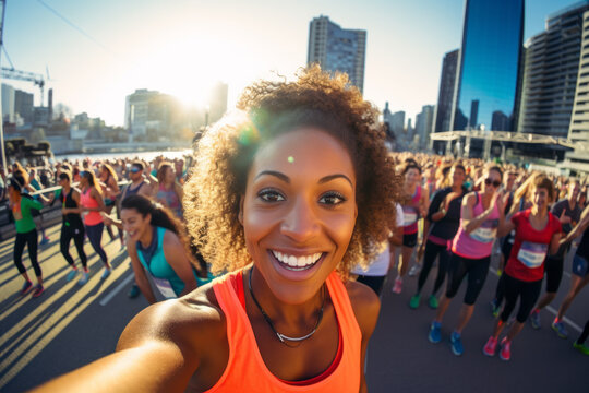 Black female marathon runner is taking a selfie picture while running , crowd of other runners and city view in the background