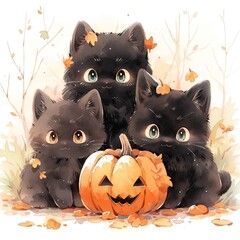 Three Halloween cute black kitten on white background. Funny cat sitting on a pumpkin. Watercolor children cartoon illustration. Autumn, fall holidays concept for textile, wallpaper, wrapping