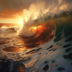Closeup of ocean breaking waves at sunset