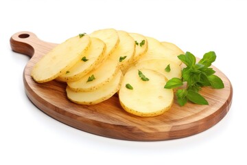 slices of potato with leaf  mint on wooden board isolated white background