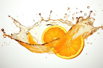 Fresh Sliced oranges and Orange fruit and water Splashing on a white background.