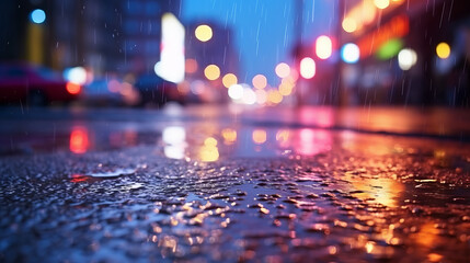 In a city after the rain, the water on the streets is shining with colorful light
