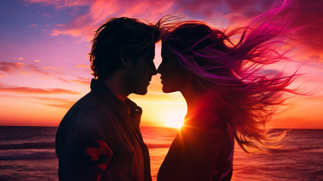 Lovely young couple kissing facing each other on a synthwave colors sunset with hair blowing in the wind