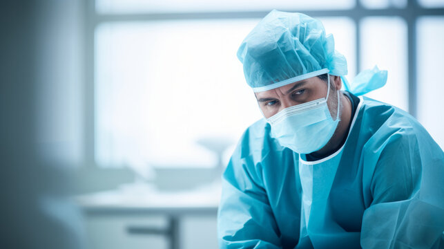 Male surgeon sitting in the corridor at hospital with worried face. Doctor is wearing surgical mask, surgical cap, gown, and surgical gloves. Medical decision or error concept image