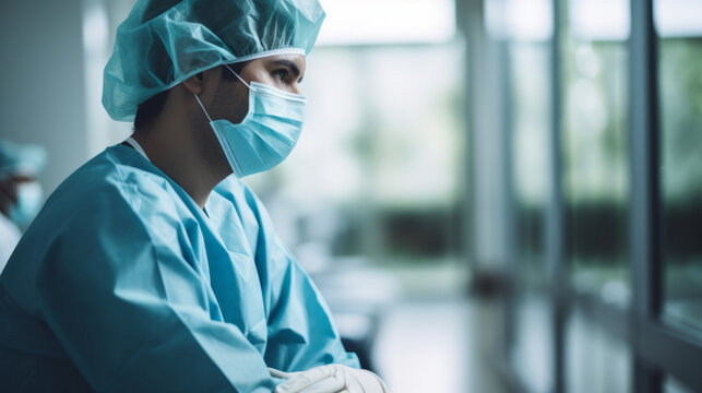 Male surgeon sitting in the corridor at hospital with worried face. Doctor is wearing surgical mask, surgical cap, gown, and surgical gloves. Medical decision or error concept image