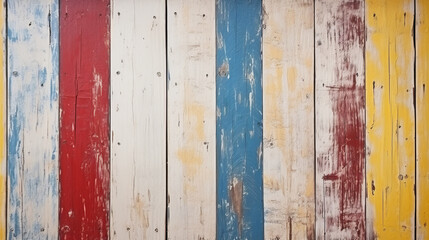 Vintage wood boards background with vertical cracked wood planks paint of white, red, yellow and blue color