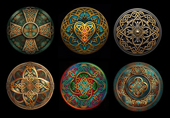 Set of 6 round, colorful, and detailed Celtic knot cross and heart mandalas.  Isolated on black.