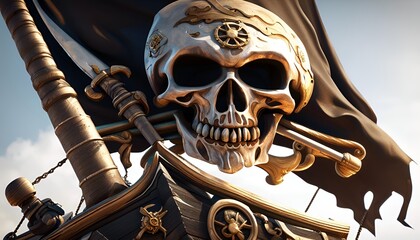 Naklejka premium Pirate flag with a skull on a pirate ship