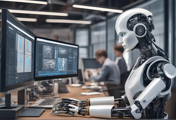 machine AI bot working with people in the office and production for industrial revolution and automation manufacturing process. humanoid AI robots, unemployment. Generative AI, illustration