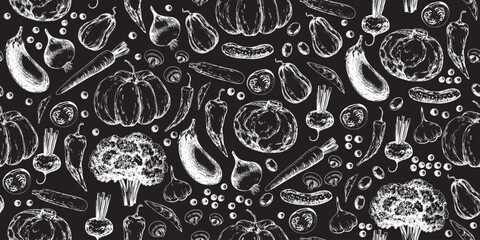 Seamless pattern with drawn on chalkboard vegetables. Background with broccoli, eggplant, onion, mushrooms, zucchini, peppers, garlic, peas, tomatoes, carrot, beetroot, cabbage, pumpkin, cauliflower