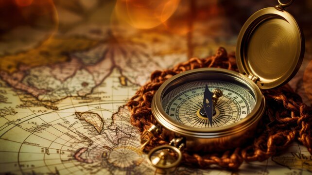 Fototapeta Retro compass on old map background created with Generative AI