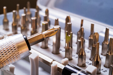 Screwdrivers for repair.
Set of screwdriver bits. Metal bits for screwdrivers. Tool kit Bits and...
