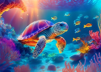 Fototapeta na wymiar A sea turtle swimming in an ocean surrounded by colorful marine life and magical lighting.