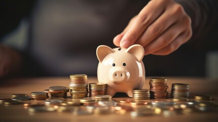 Smart Savings: Hands Putting Money in Piggy Bank for Financial Goals