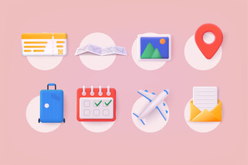 Tour and travel 3d icon set. 3D Web Vector Illustration.