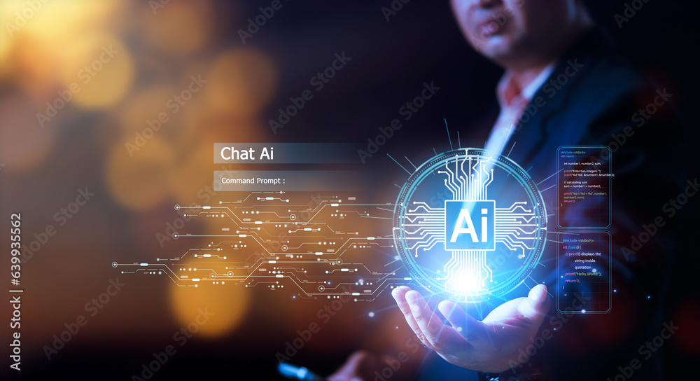Poster ai tech, businessman show virtual graphic global internet connect chat with ai, artificial intellige