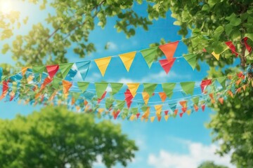 colorful pennant string decoration in green tree foliage on blue sky, summer party background. - obrazy, fototapety, plakaty