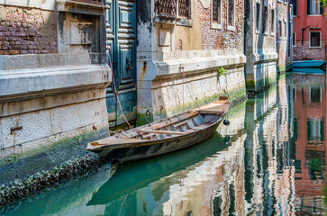 Fototapeta na wymiar Picturesque idyllic scene with a boat docked or moored on the water canals in Venice, Italy.