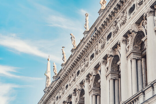 Architecture detail with the facade of the Marciana National Library (Biblioteca nazionale Marciana) located in Palazzo della Libreria in Venice.