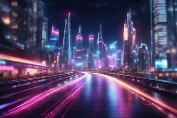 Abstract Illustration of an urban highway going to the modern city downtown, speed motion with colorful light trails - obrazy, fototapety, plakaty