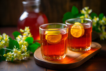 Homemade kombucha drink or black tea with lemon in glasses on wooden background. Glasses with filtered kombucha tea made of yeast, sugar and tea with addition of lemon. Fermented tea