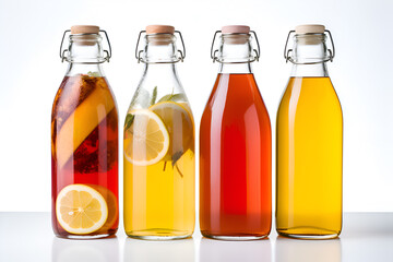 Bottled kombucha tea. Set of glass bottles with filtered kombucha drinks made of yeast, sugar and tea with addition of fruits, berries, lemon and herbs. Fermented tea or tea kvass banner - obrazy, fototapety, plakaty