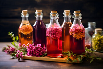 Fruit kombucha, rustic background. Set of glass bottles with filtered kombucha drinks made of yeast, sugar and tea with addition of fruits, berries and herbs. Fermented tea or tea kvass banner - obrazy, fototapety, plakaty