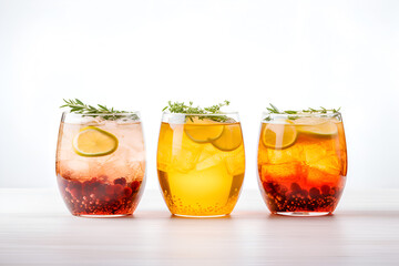 Kombucha drinks. Set of glasses with different kombucha made of yeast, sugar and tea with addition of fruits, berries, lemon and herbs. Fermented tea or tea kvass. Probiotic drink banner, copy space - obrazy, fototapety, plakaty