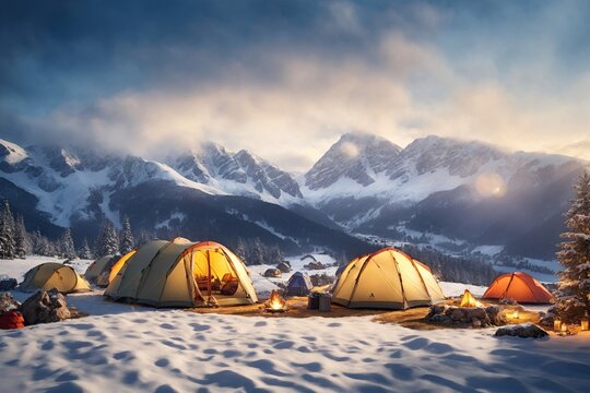 winter Tourist tent in camp among meadow in the mountain at sunrise