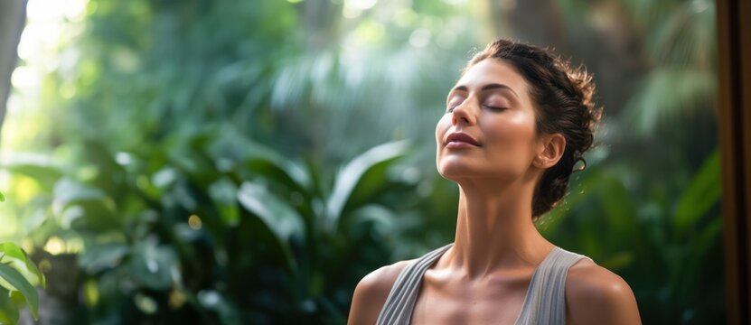 Young beautiful woman practicing mindful breathing or deep relaxation techniques, emphasizing the importance of breath awareness