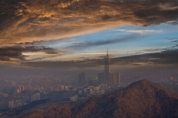 Skyline with Abraj Al Bait (Royal Clock Tower Makkah) in Makkah, Saudi Arabia. The tower is the...