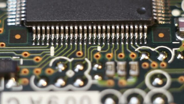 Computer circuit board close up, electronic technology background.