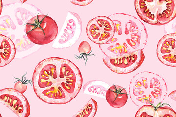 seamless pattern of tomato with watercolor.Vegetable background.Ripe red fresh organic tomato.Vegetarian food background.Suitable for designing fabric patterns or wallpaper.