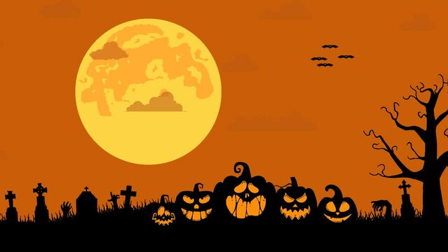 halloween background animation with pumpkins, spooky tree, vintage haunted house, and bats flying over cemetery
