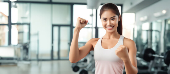 Fototapeta na wymiar Asian female fitness trainer smiling at camera in fitness background