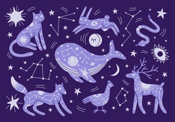 Animal silhouettes with constellations. Patterned decorative fauna, mystic spiritual creatures, bohemian night sky ornaments, vector set