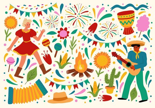 Festa junina festival elements. People and party objects, funny dancer and musician in folk clothing, harvest country holiday, vector set
