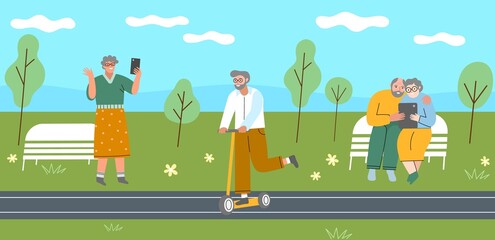 Elderly people use modern gadgets in city park. Seniors with devices, taking selfies, chatting in video, riding scooter. vector illustration