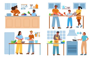 Friendly family cooks lunch together. Happy parents with children, couples in love in kitchen, homemade food preparing process, vector set
